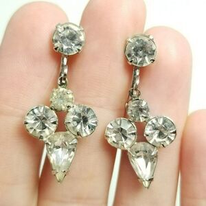 Vintage Dangle Rhinestone Clip On Earrings, Silver Tone Screw Backs, Retro